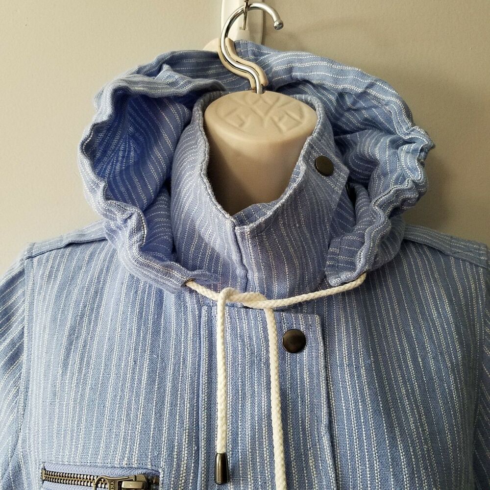 Joie women Anorak jacket Barker Linen Striped Hooded blue white fabric sz S New - Picture 5 of 9